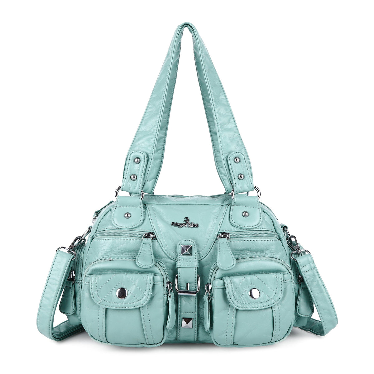 Studded Multi-Pocket Shoulder Bag with Buckle Accents