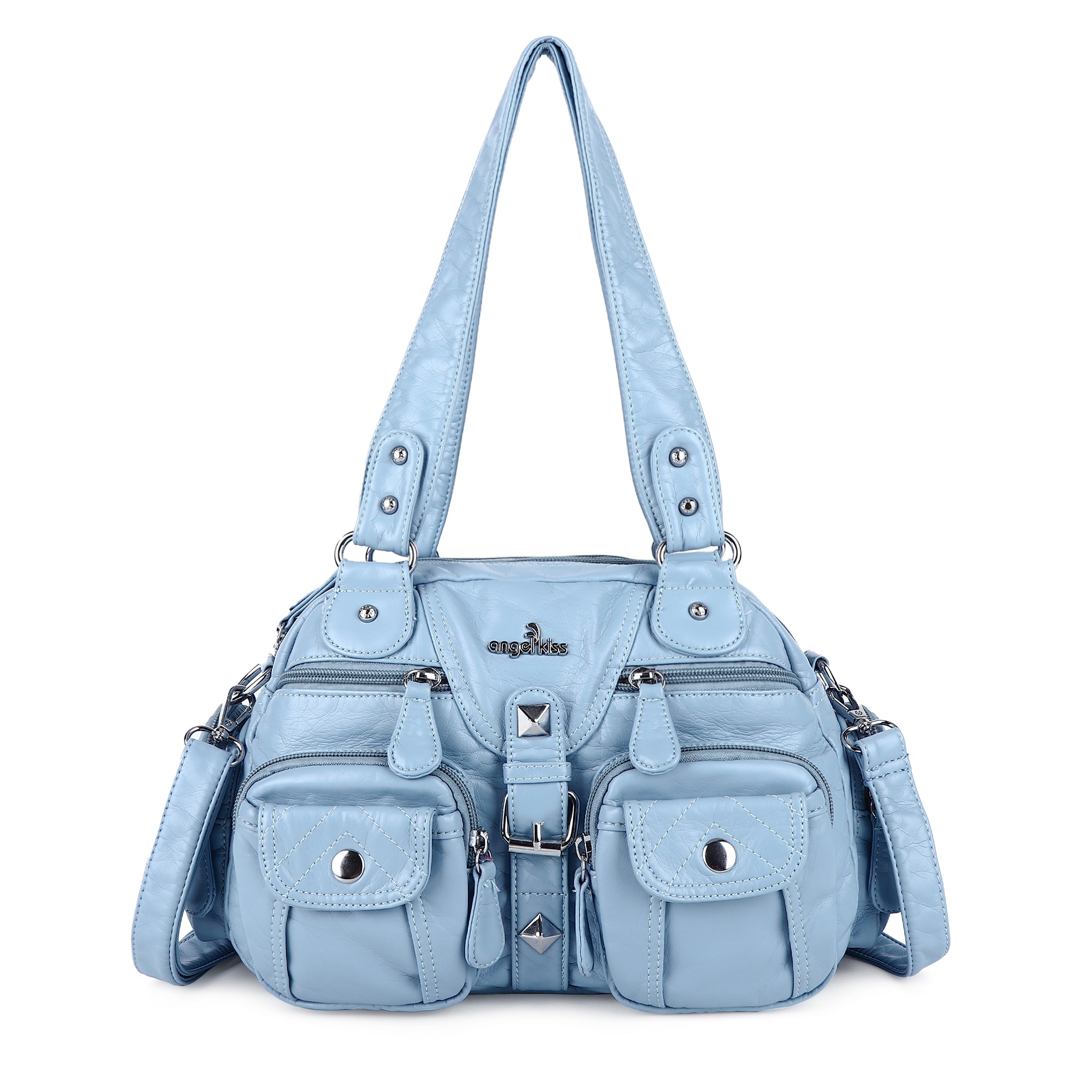 Studded Multi-Pocket Shoulder Bag with Buckle Accents