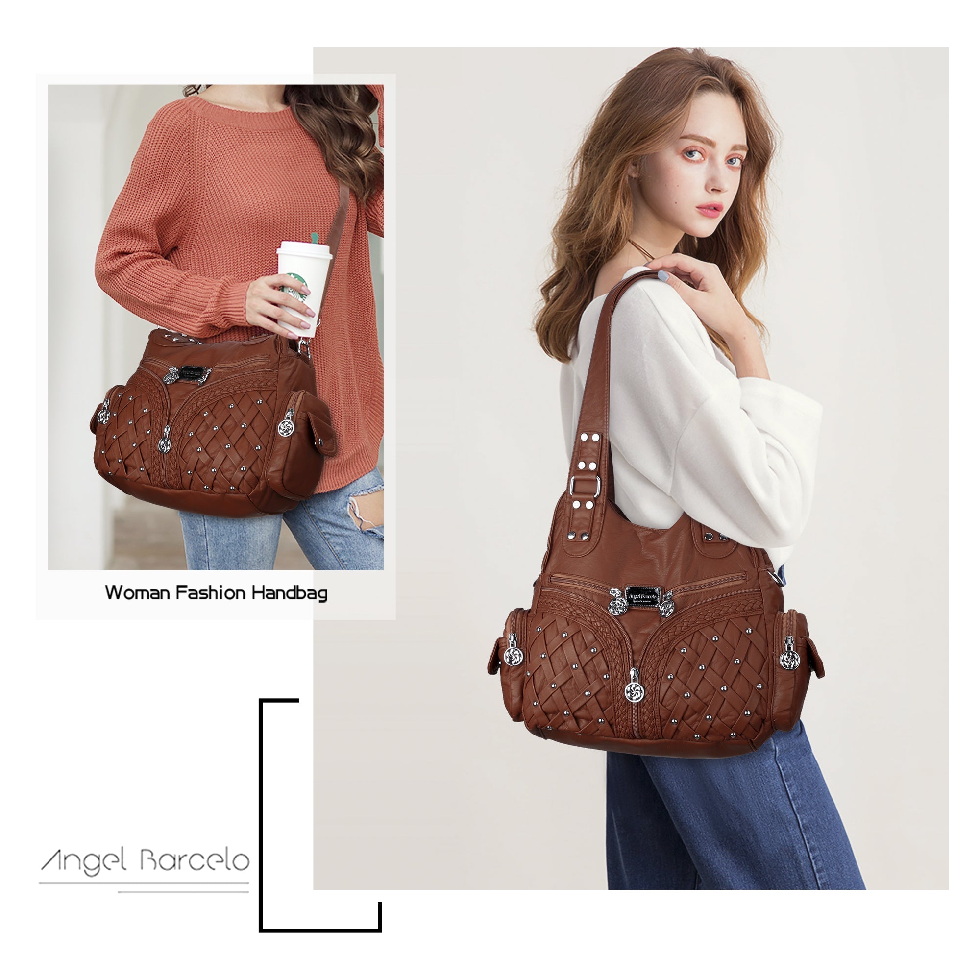 Women Large Capacity Hobo Handbag Washed PU Leather
