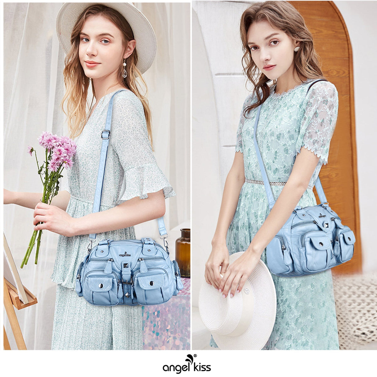 Studded Multi-Pocket Shoulder Bag with Buckle Accents