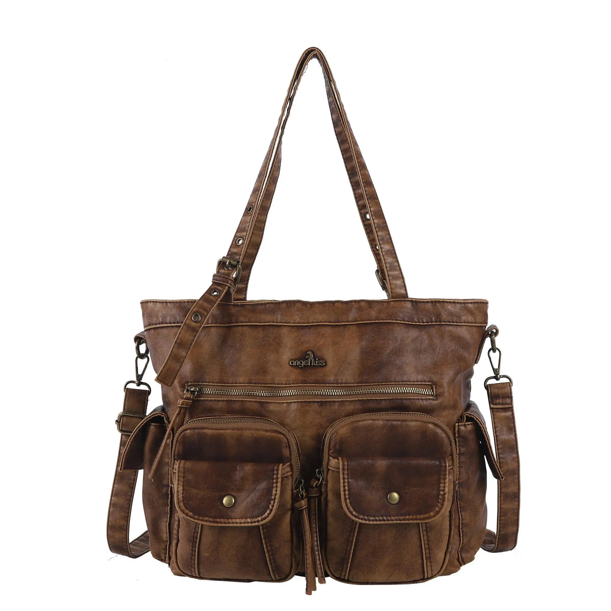 Washed Black Multi-Pocket Tote Shoulder Bag