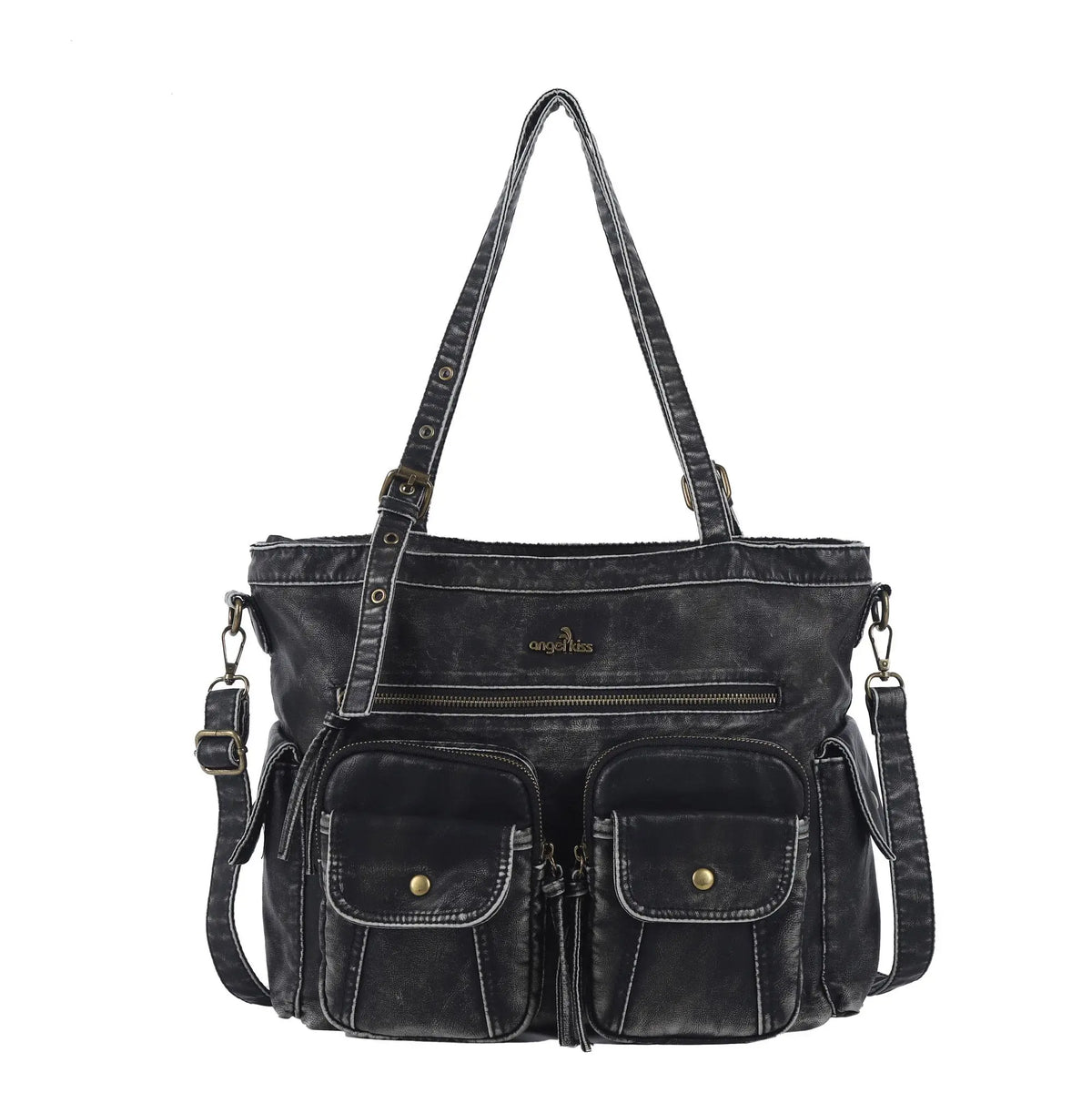Washed Black Multi-Pocket Tote Shoulder Bag