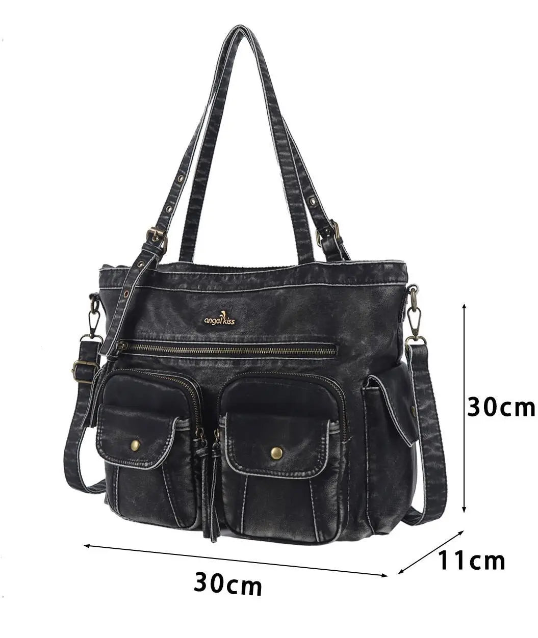 Washed Black Multi-Pocket Tote Shoulder Bag