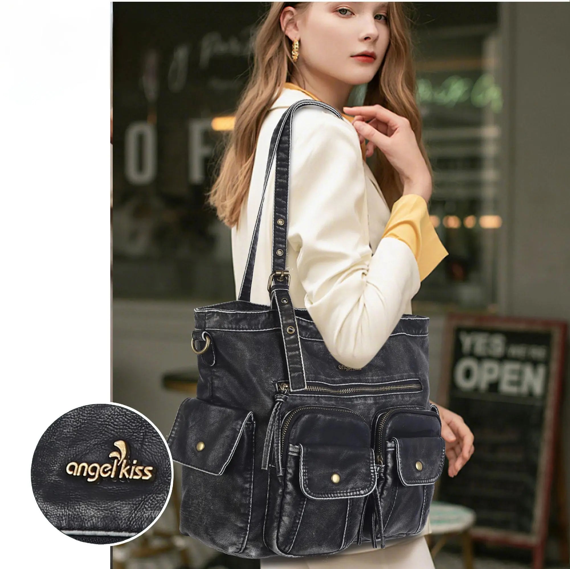 Washed Black Multi-Pocket Tote Shoulder Bag