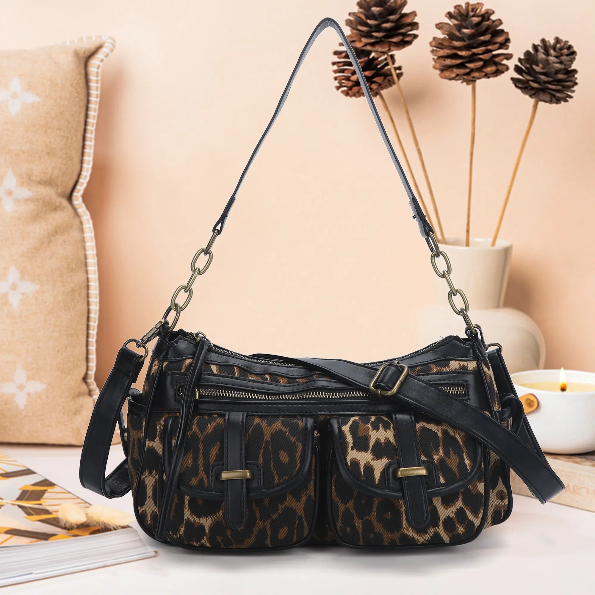 Faux Leather Leopard Print Crossbody Tote Bag - Women's Shoulder Purse