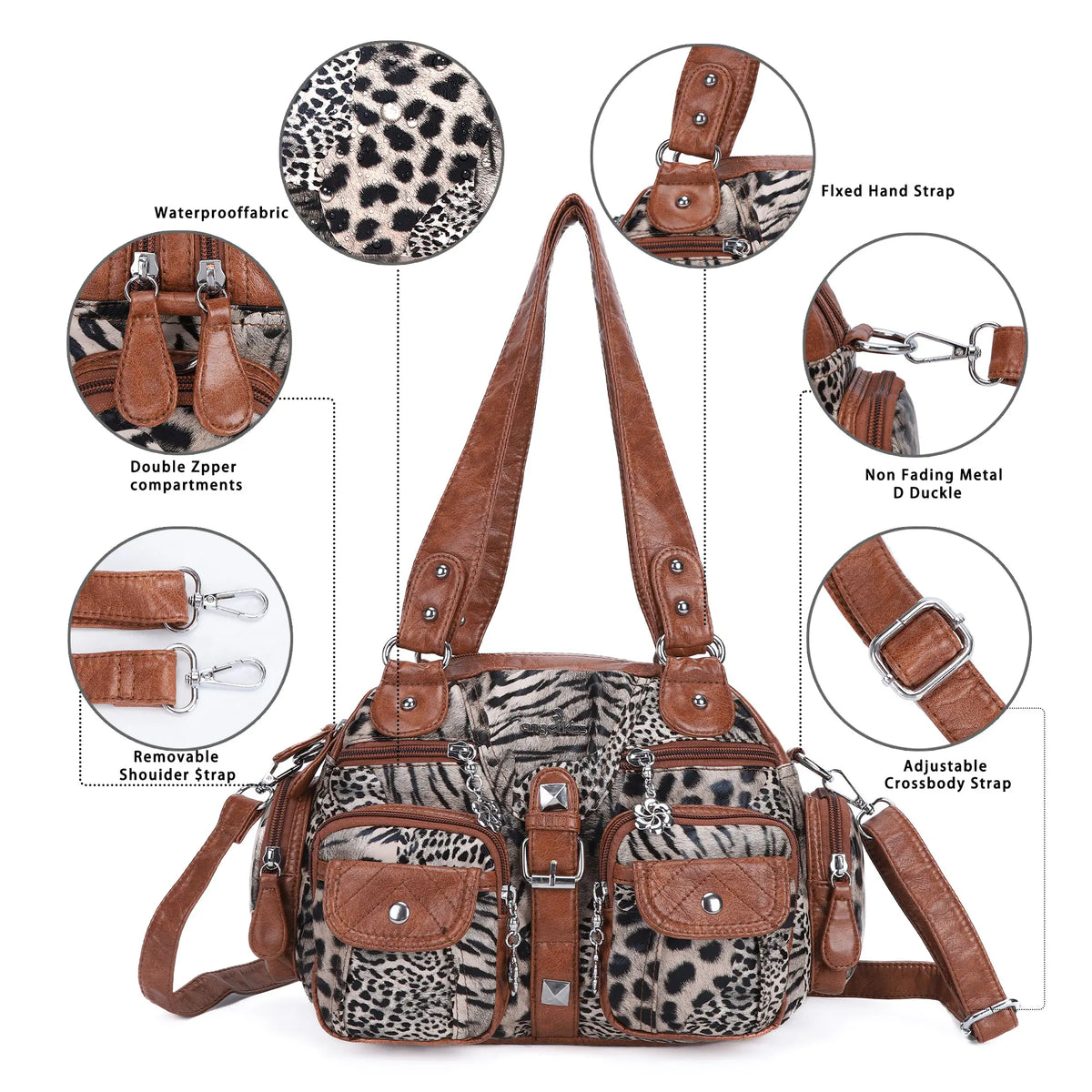 Studded Multi-Pocket Shoulder Bag with Buckle Accents