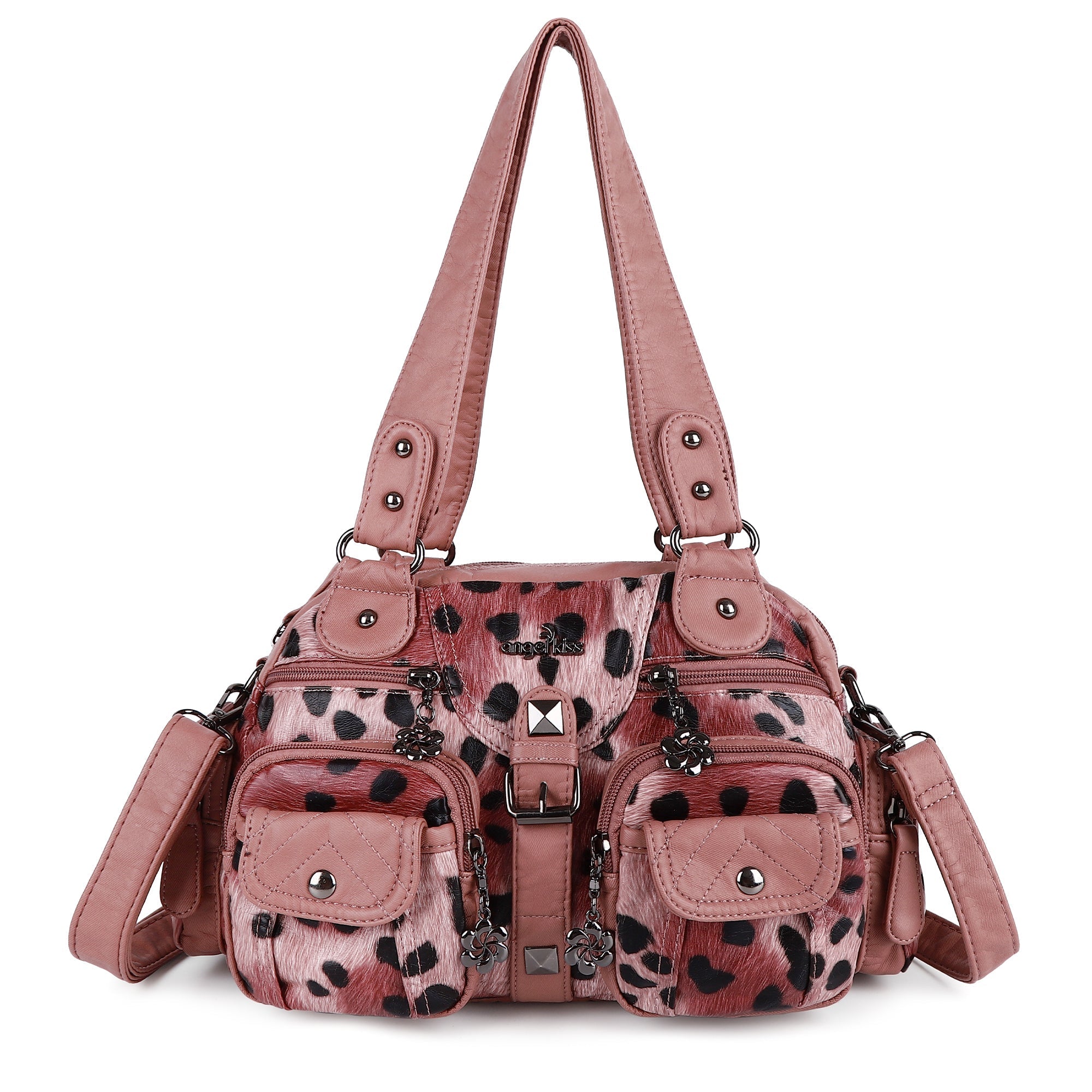 Studded Multi-Pocket Shoulder Bag with Buckle Accents