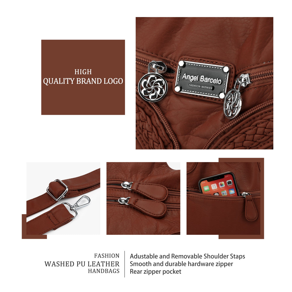 Women Large Capacity Hobo Handbag Washed PU Leather