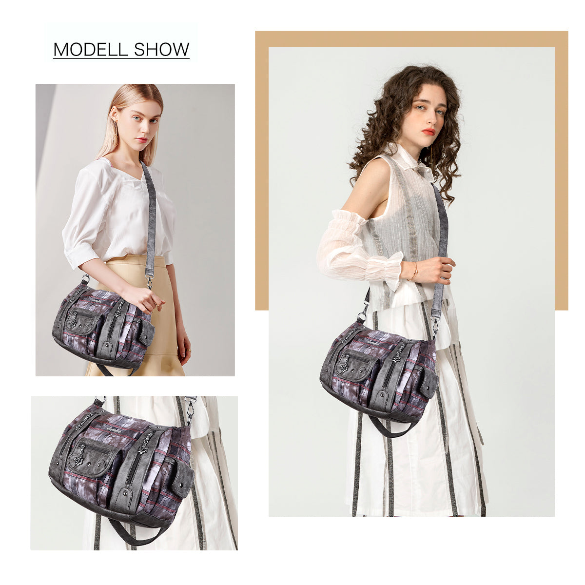 Multi-Print Patchwork Shoulder Crossbody Bag with Wide Straps
