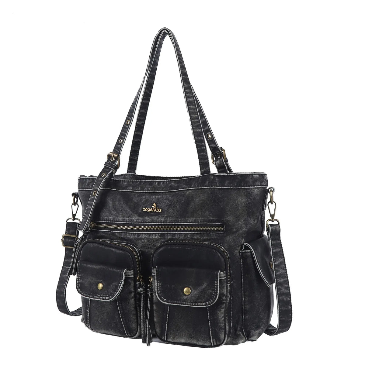 Washed Black Multi-Pocket Tote Shoulder Bag