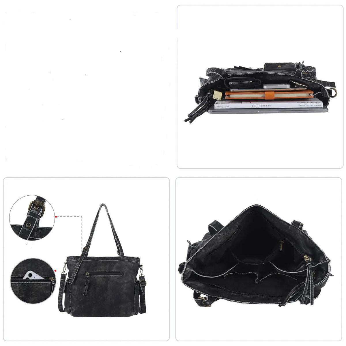 Washed Black Multi-Pocket Tote Shoulder Bag