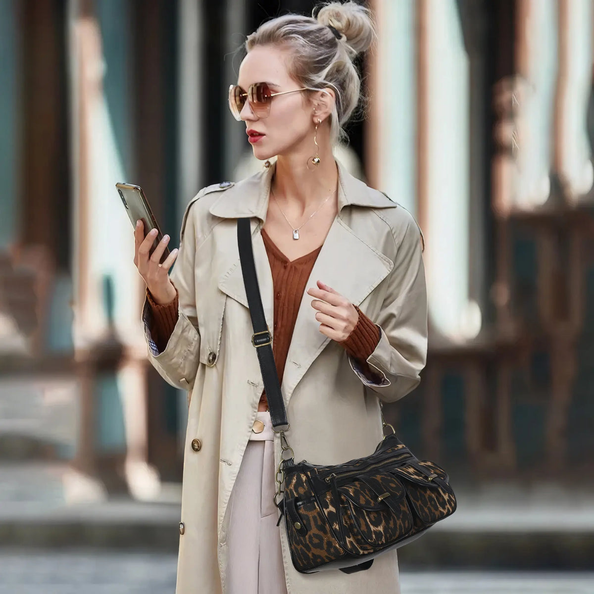 Faux Leather Leopard Print Crossbody Tote Bag - Women's Shoulder Purse