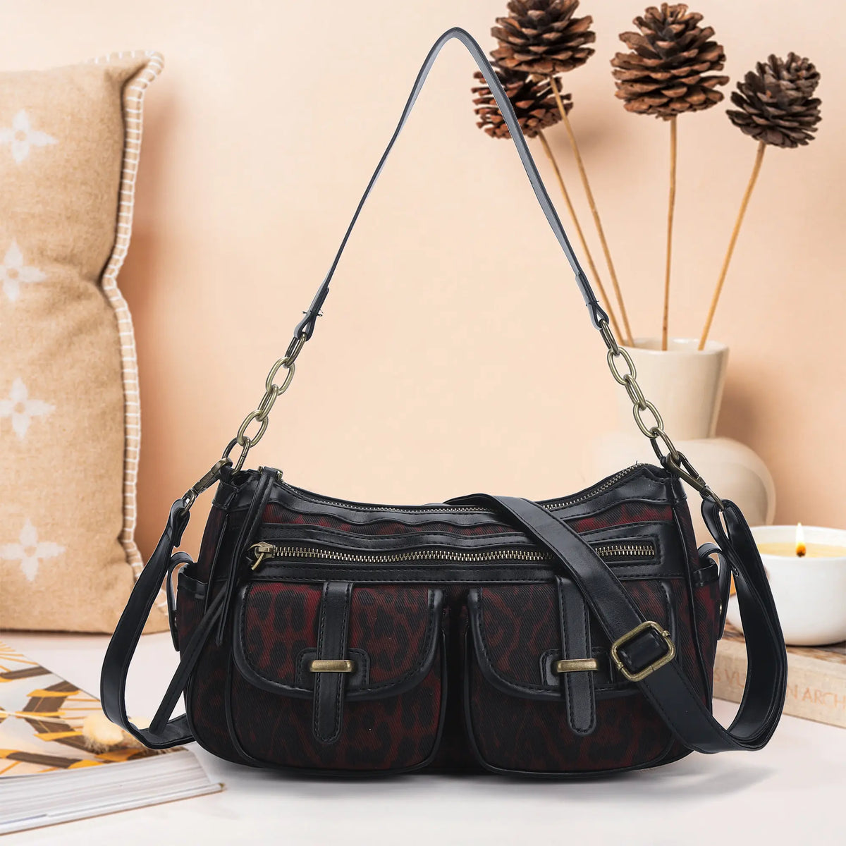 Faux Leather Leopard Print Crossbody Tote Bag - Women's Shoulder Purse