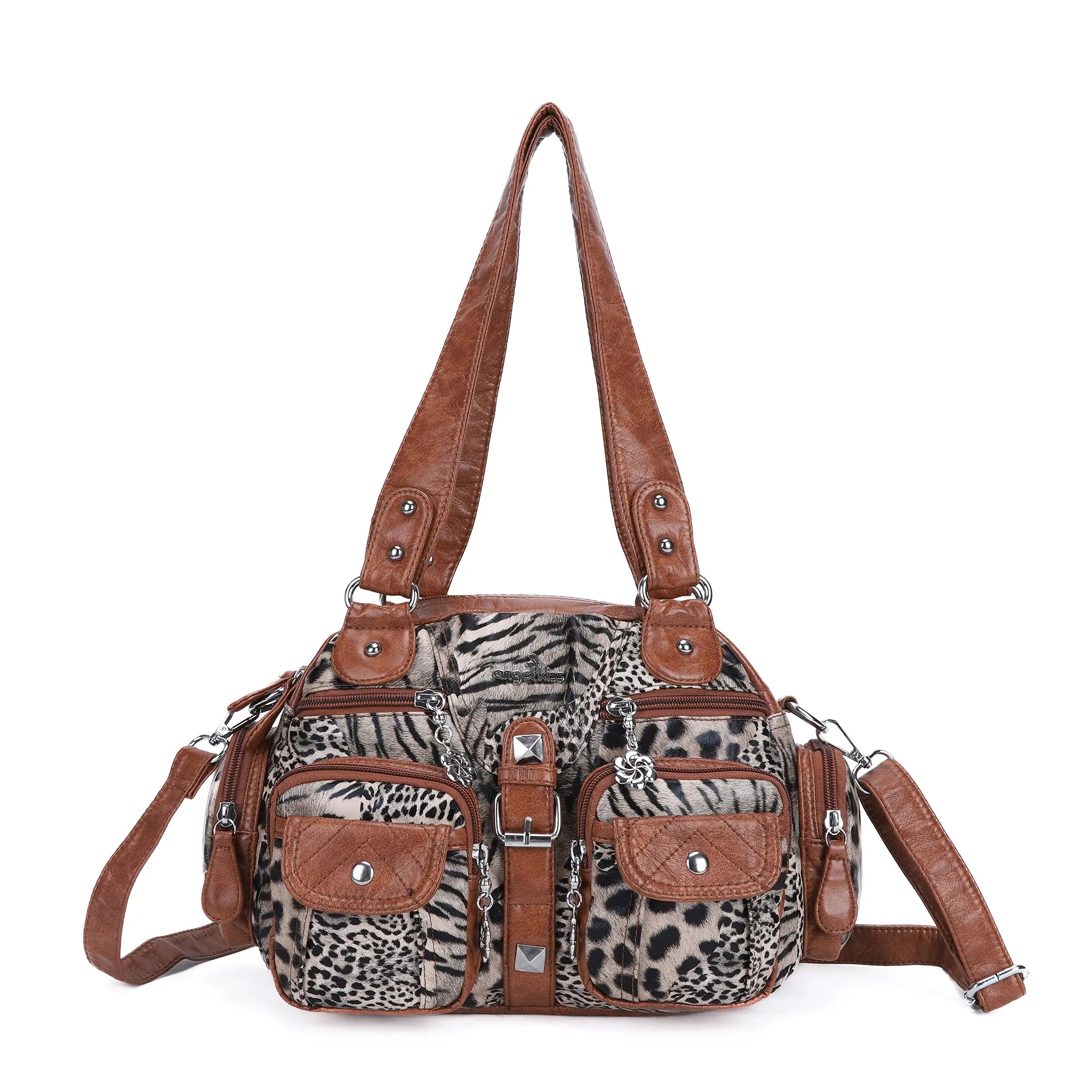 Studded Multi-Pocket Shoulder Bag with Buckle Accents