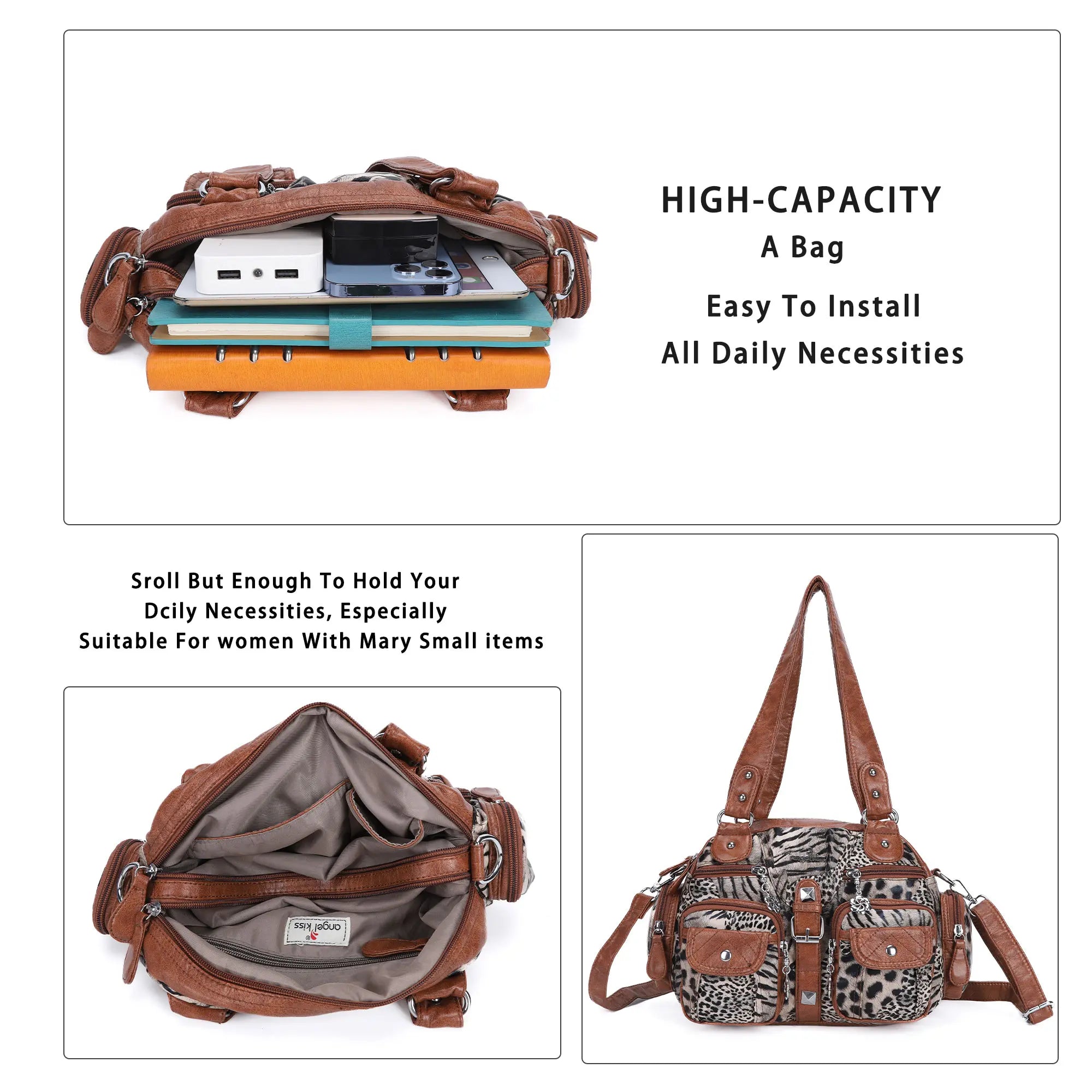 Studded Multi-Pocket Shoulder Bag with Buckle Accents